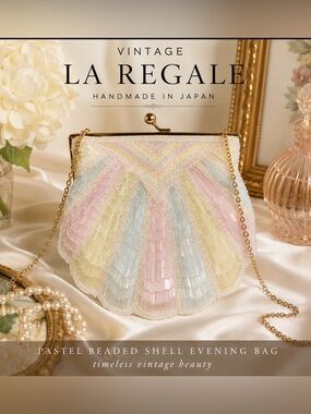 Vintage La Regale Shell Beaded Evening Bag Pastel Handmade in Japan Gold Chain